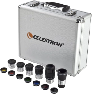 kit de accesorios celestron de 14 piezas oculares Plossl, lente Barlow, filtros de colores, filtro lunar y estuche de transporte resistente