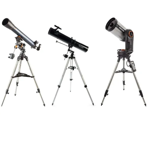 imagen que muestra los tres tipos de telescopios refractor, reflector y catadióptrico