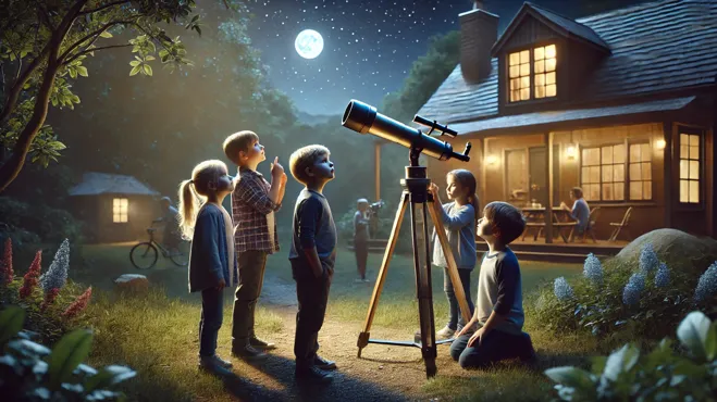 Niños usando aprendiendo a usar su primer telescopio